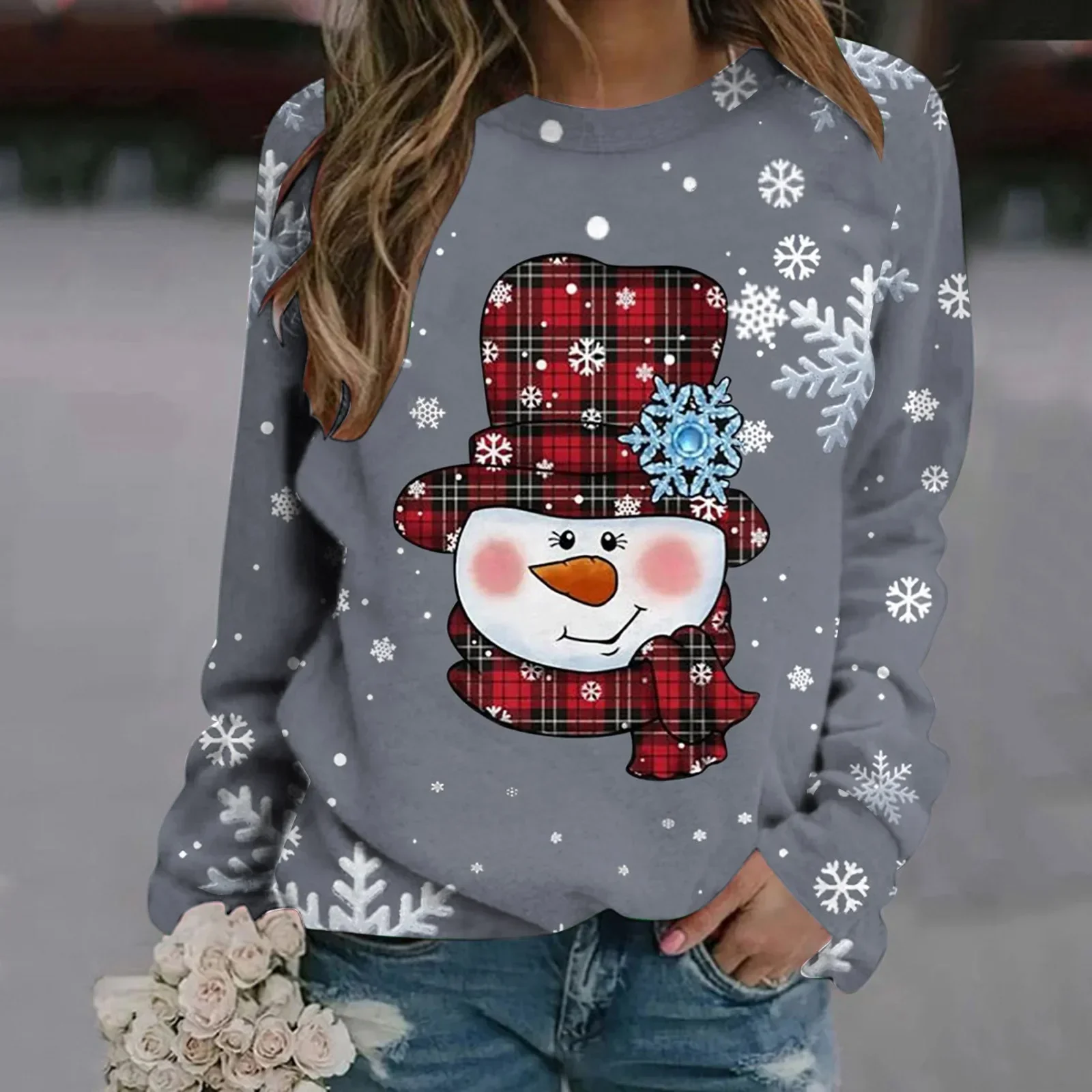 Cute Cartoon Snowman Print Women's Autumn Pullvoers Sweater New Year Red Snowfalke Round Neck Long Sleeve Sweatshirt Christmas