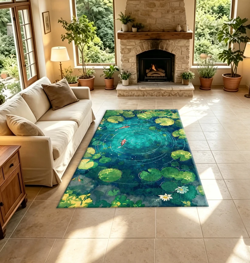 Watercolor Koi Lotus Pond Carpet Floor Mat Fresh Aquatic Water Lily Print Floor Mat Natural Style Indoor Decorative Carpet
