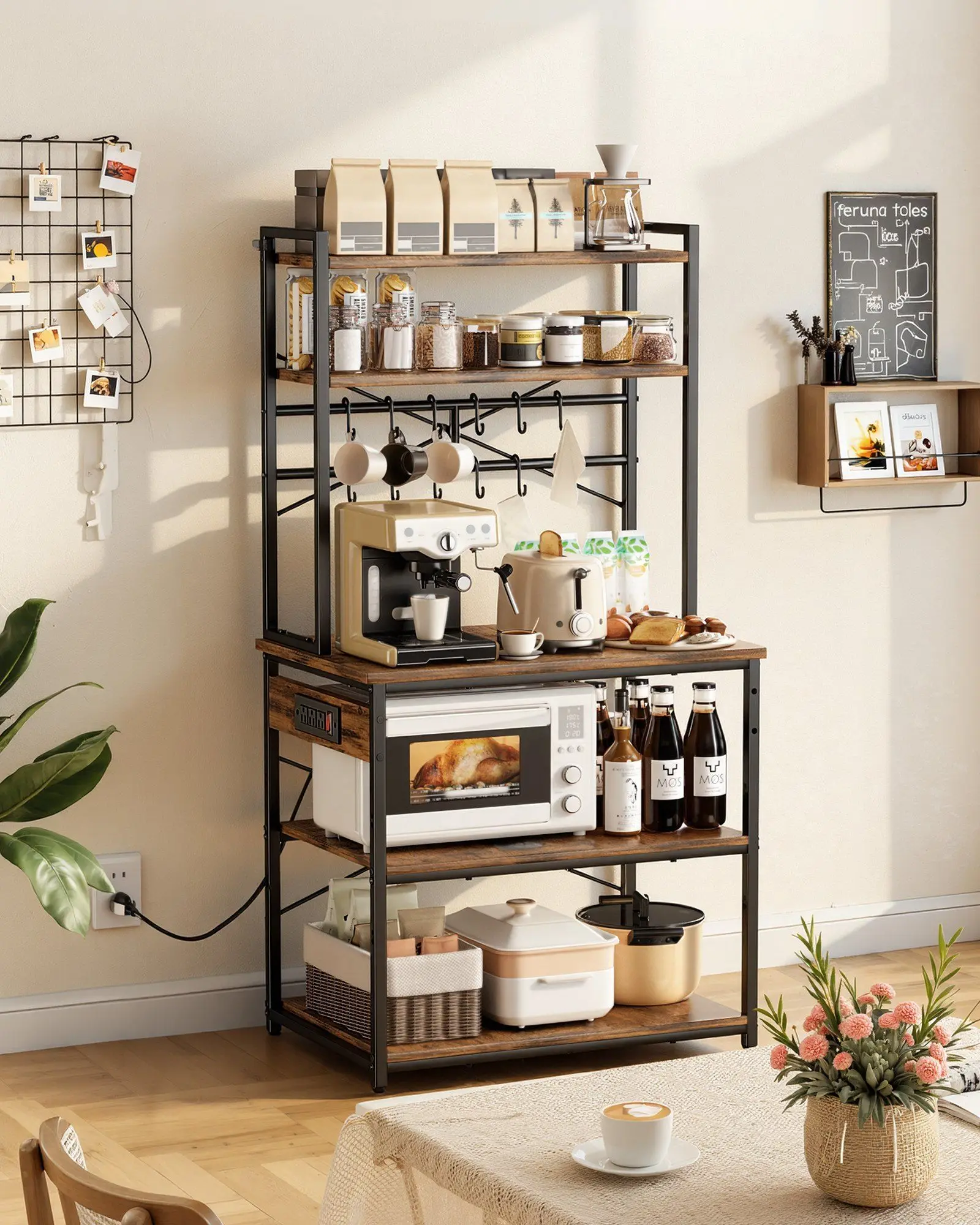 

Кухонная подставка-стеллаж для выпечки, 1,5-метровая подставка-стеллаж с кабелем питания и розеткой, кухонная подставка с X-образной опорной перекладиной, 12 S-образных крючков