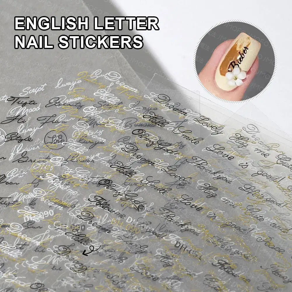 English Words Nail Art Stickers, 3D English Alphabet Nail Decals for DIY Metallic Gold Silver Acrylic Manicure Nail Decorations