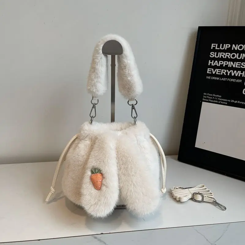 White Black Wine Red Khaki Coffee Brown Cute Plush Bunny Shoulder Bag Faux Fur Rabbit Handbag Carrot Embroidery Crossbody Purse