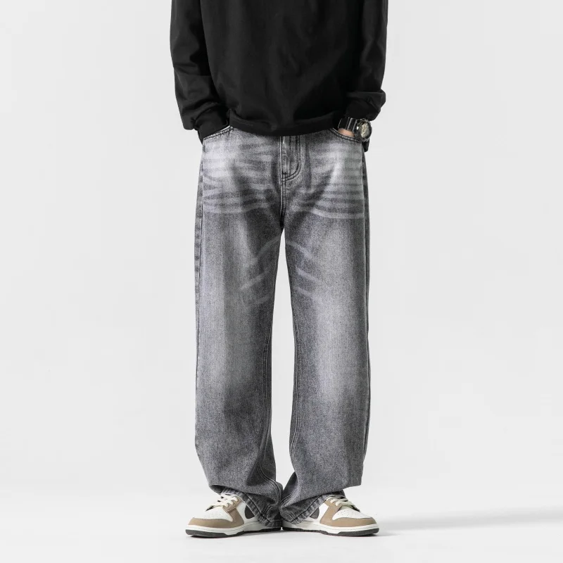Jeans Longgar Pria Abu-abu Celana Panjang Fashion Vintage Dicuci Pakaian Jalanan Musim Semi Musim Gugur Celana Lebar Lurus Longgar Y2k Ukuran Besar