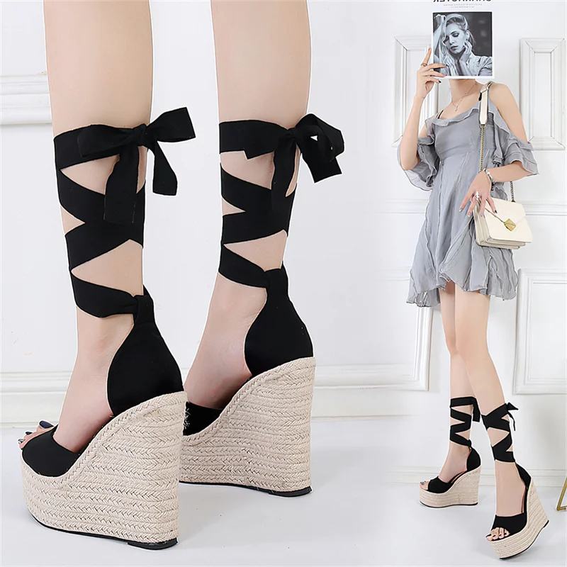 Espadrille Platform Wedge Sandals for Women Cross Band Dressy Lace-up Straw Shoe Open Toe High Heel Sandals Summer Beach Shoes