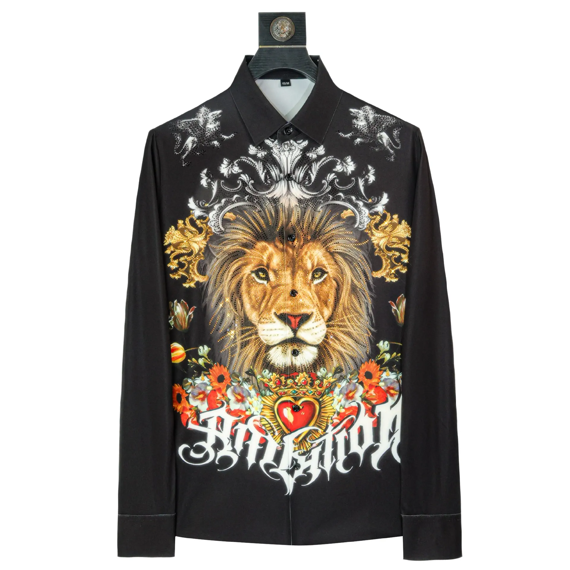 Luxury Rhinestone Crown Lion Print Shirt Men Business Casual Dress Shirt Long Sleeved Party Celebrity Stage Performance Costumes