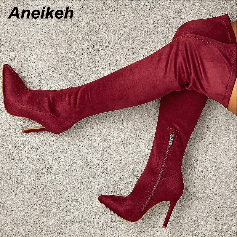 

Aneikeh 2024 Women's High Heel Fashion Flock Solid Over Knee Boots Sexy Slim High Heel Side Zipper Chelsea Boots Party Wedding