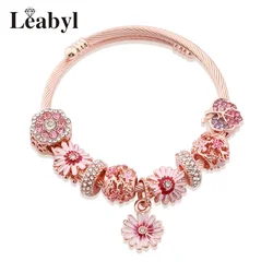 Rose Gold Color Dazzling Daisy Flower Steel Bracelet Full of Crystal Leaf Flower DIY Charm Bead Pendant Cuff Bangle