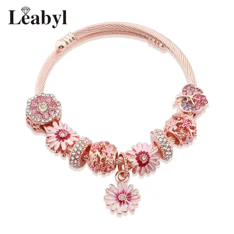 Rose Gold Color Dazzling Daisy Flower Steel Bracelet Full of Crystal Leaf Flower DIY Charm Bead Pendant Cuff Bangle