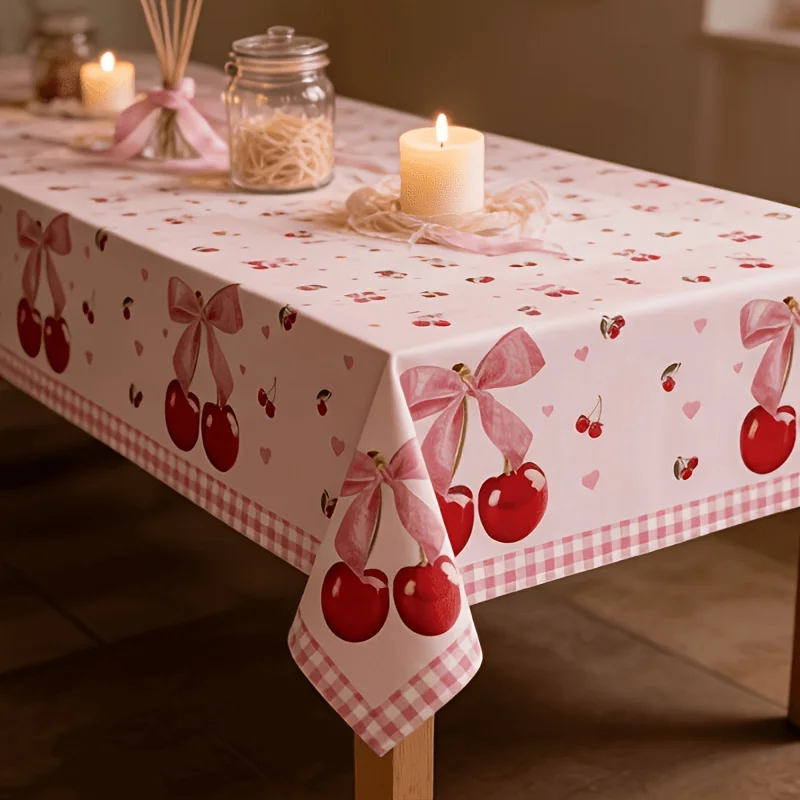 1pc Pink Cherry Party Plastic Tablecloth, 54 X 108 Inches Long Table Cover, Suitable for Summer Fruit-themed Showers, Birthday D