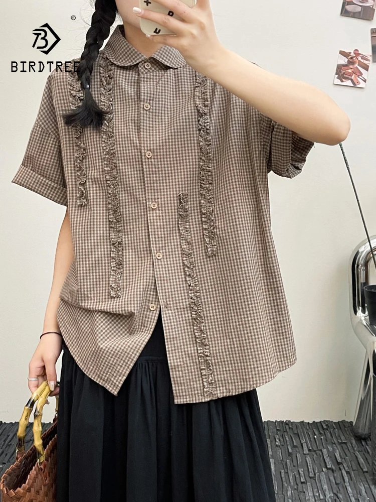 New 2026 Summer Women Cotton Half Sleeve Shirt, Lapel Plaid Ruffles, Mori Girl Retro Preppy Style Casual Loose Blouse T65451CC