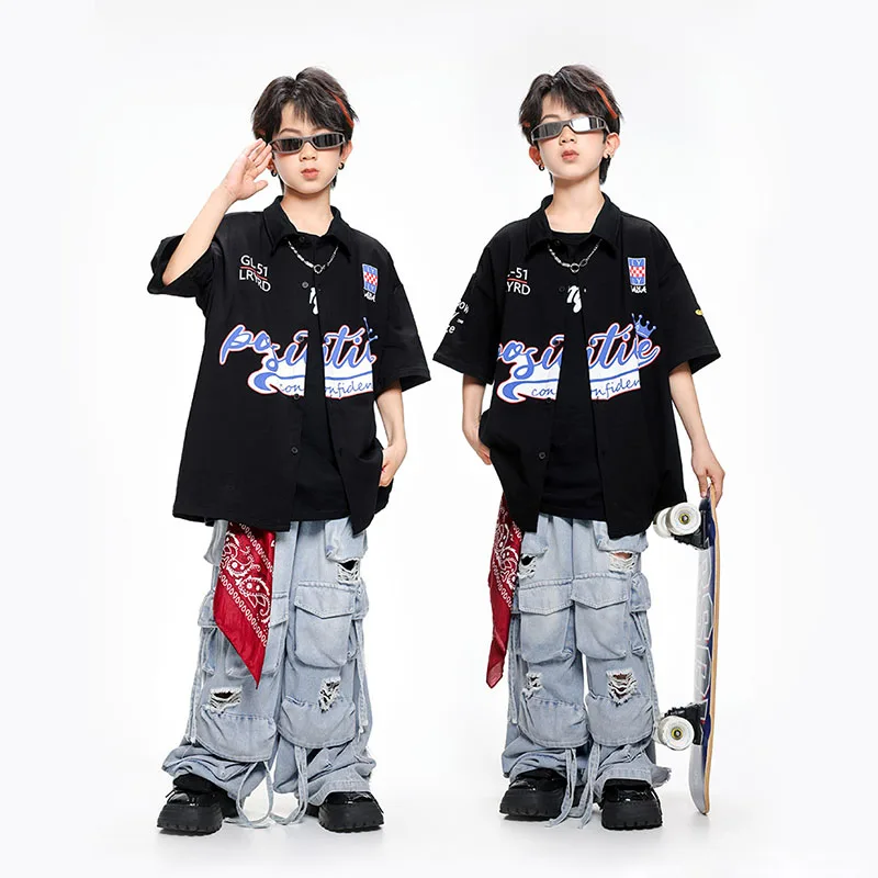 Kid Hip Hop Clothing Black Baseball Shirt Top Denim Blue Casual Distressed Cargo Jeans Pants for Girl Boy Dance Costumes Clothes