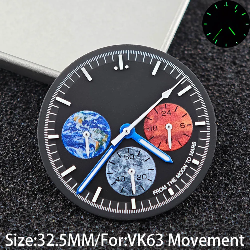 32,5mm Grün Leuchtendes VK63 Chronographen-Zifferblatt & Zeiger, Weiß-Blaues Zifferblatt Passend für VK63 Quarz Speed Master Uhr Ersatzteile – Detail 3