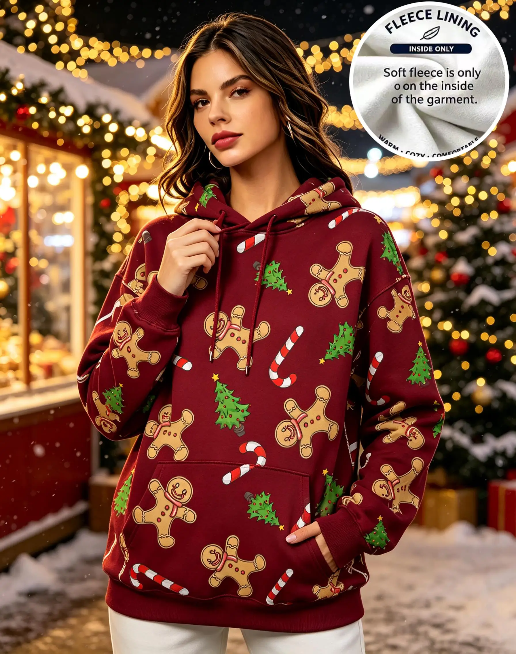 Women Christmas Allover Gingerbread Man Candy Cane Tree Wine Red Fleece Hoodie Pocket Sweatshirt