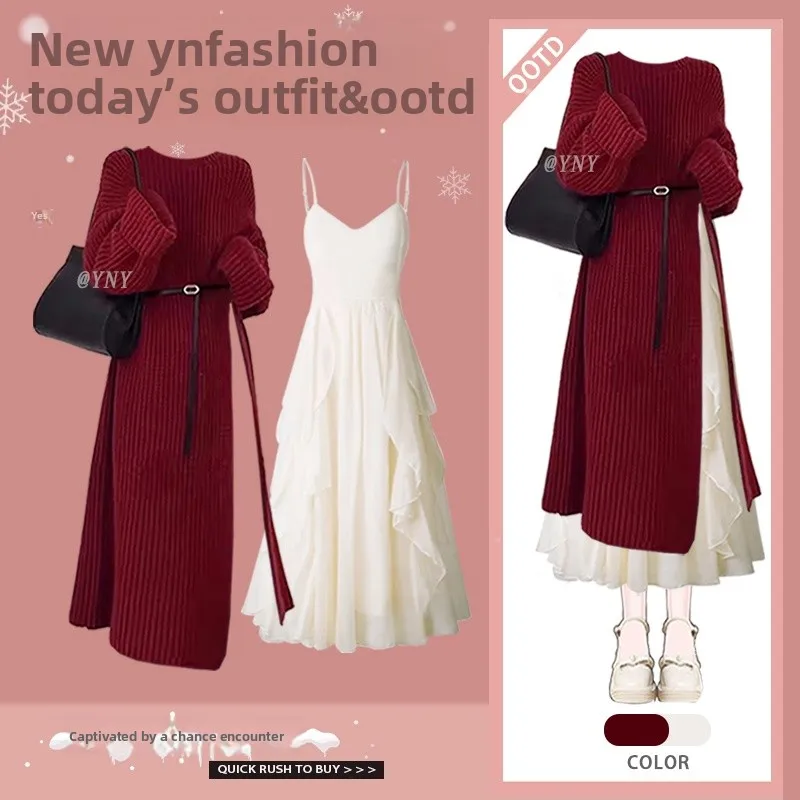 

Red Sweater Jaet And Dr Two-Piece Set Autumn Winter Women's Faion Korean Sle New Year's Trendy Outfit Long Sve ro...