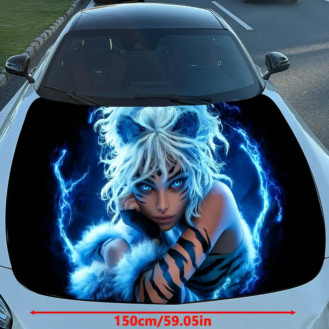 Thunder Tiger-Striped Female Warrior Car Vinyl Wrap, PVC Material Waterproof Car Hood Sticker, Self-Adhesive Scratch-Resistant S