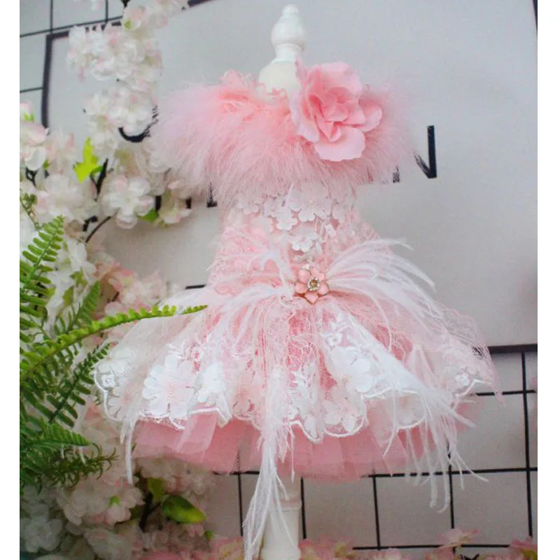 

Korean Cute Pink Pet Dog Clothes Luxury Handmade Feather Tassel Flower Lace Party Princess Dress For Small Medium Dog Chihuahua