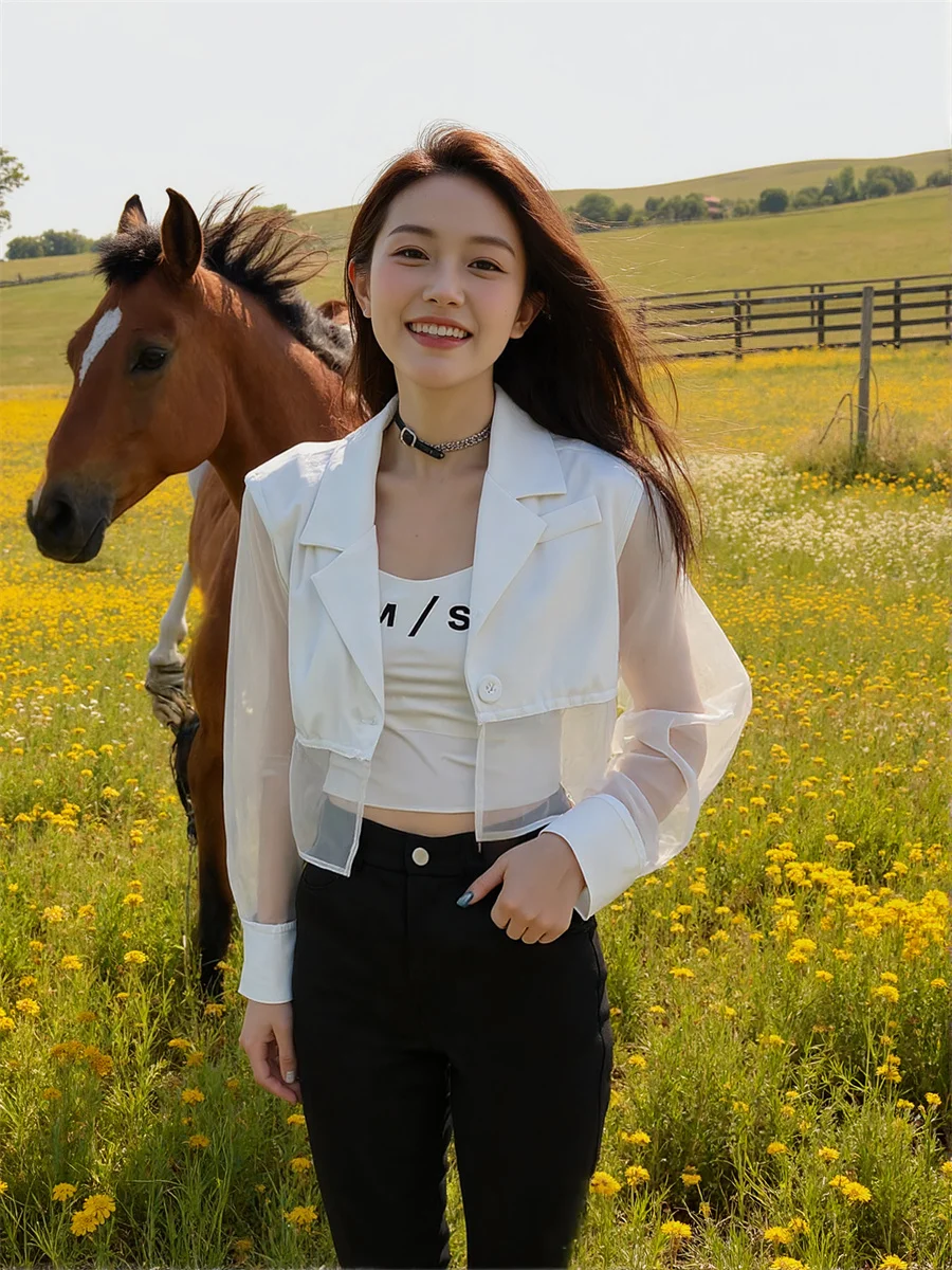 Sonnenschutz, verkürzte, durchsichtige Blazer mit Rückenschlitz, elegante Damenkleidung für Damen, Beflockung, schmeichelhafter Kaschmir, empfindliches Pendeln