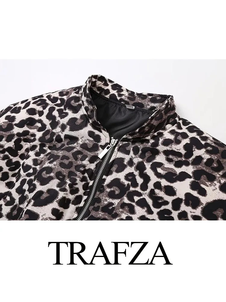 TRAFZA-Casacos de algodão estampado leopardo feminino, mangas compridas, decoração com zíper, bolsos soltos, moda casual, inverno