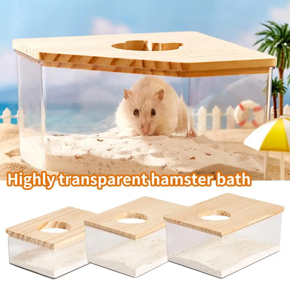 Caixa de banho de areia para hamster, pequena casa de banheiro para animais de estimação, acessórios transparentes, decoração de urso, caixa de areia dourada, banheira e2d3