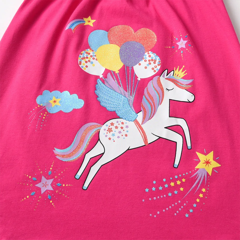 VIKITA Mädchen-Kleid mit Einhorn-Print, Regenbogen-Streifen und Rüschenärmeln, gerades Kleid für Kinder, Baumwolle, lässig, täglich, weich, gemütlich, rosa Outfit-Kleider – Detail 3