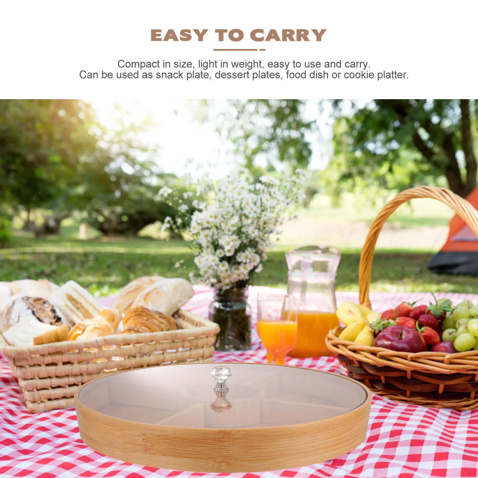 

1Pcs Bamboo Dried Fruit Storage Plate Khaki Acrylic Multi-Functional Food Tray Portable Dish Suitable for Home Hotel Restaurant