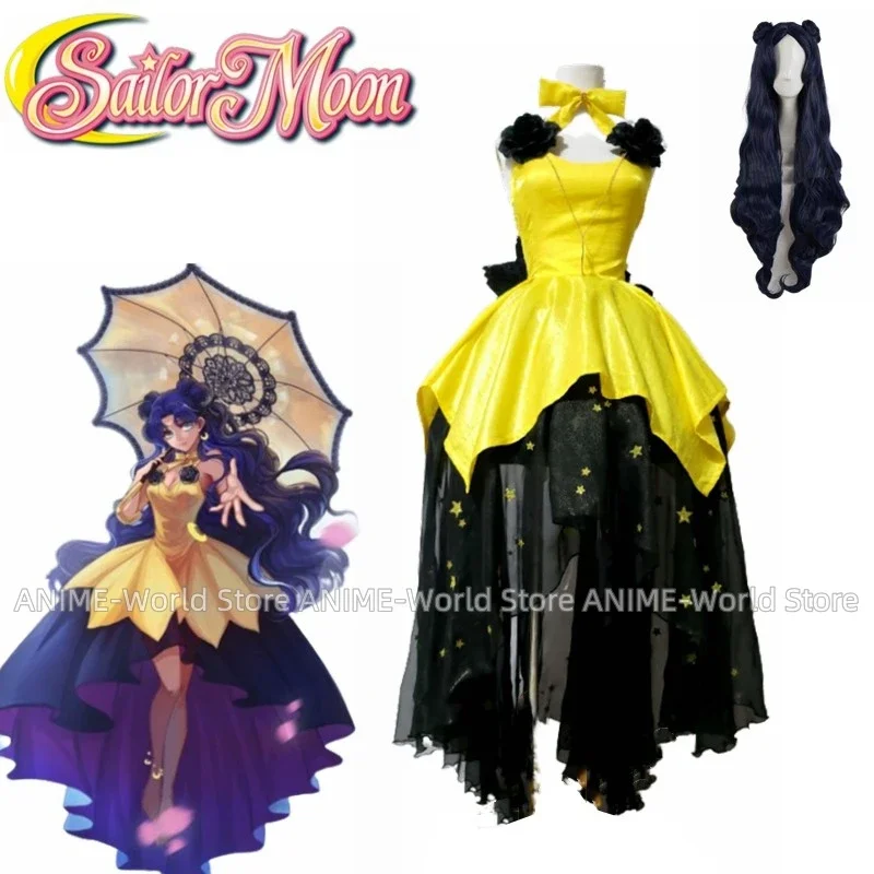 Anime Cosplays Cat Luna Cosplay Costume Yellow Dress Female Christmas Gift Yellow Formal Dress Purple Wig