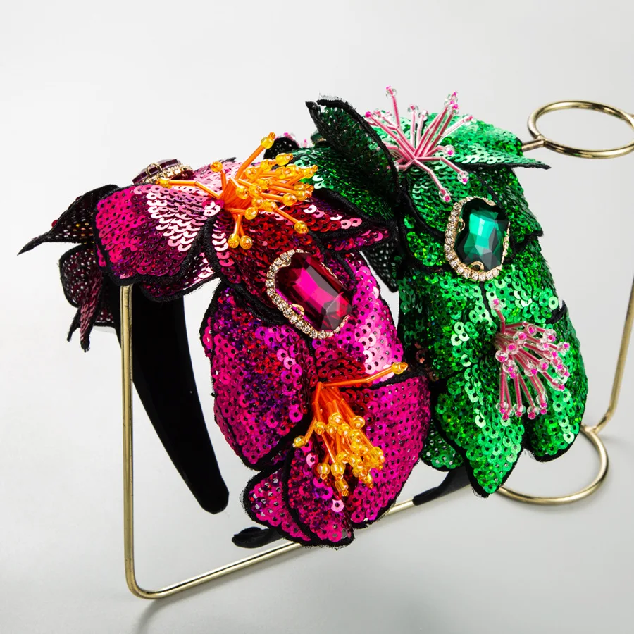 

Glamorous Shiny Sequin Flower Headband Oversized Emerald Fuchsia Floral Hair Hoop Drama Show Stage Party Premium Headpiece