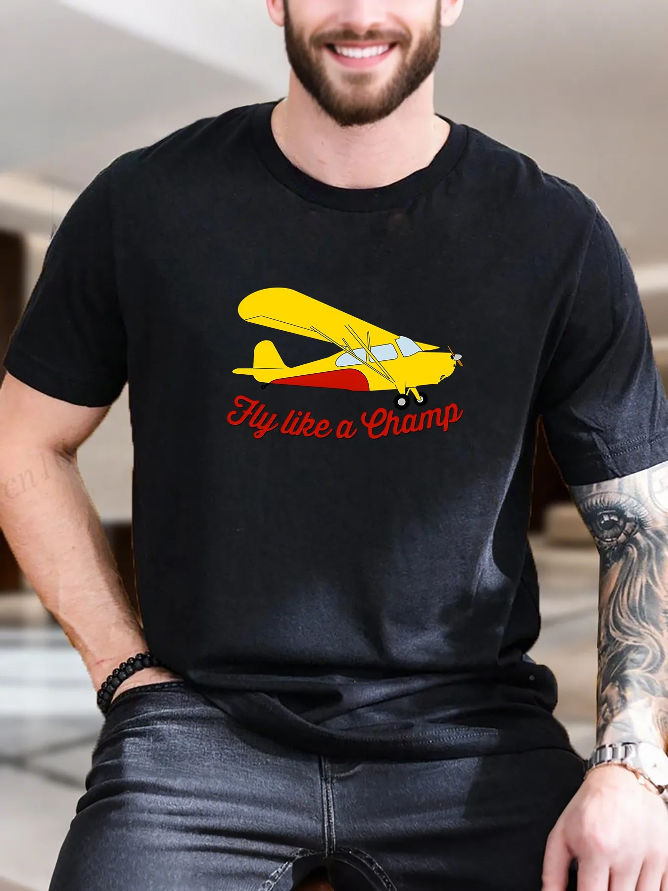 

Men's Graphic Print Short Sleeve T-Shirt - Arafed Orange/Yellow Airplane with'Fly Like a Champ' Motto, 100% Cotton Soft Breathable