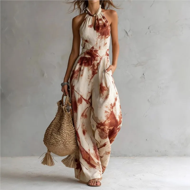 New Women's Watercolor Print Halter Jumpsuit Elegant Fashionable Sleeveless High Waist Loose Romper Summer Vacation Jumpsuit