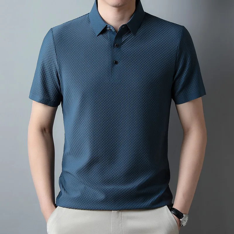 Camiseta de seda de hielo para hombre, Polo de malla transpirable, Color sólido, informal, holgado, cuello vuelto, Verano