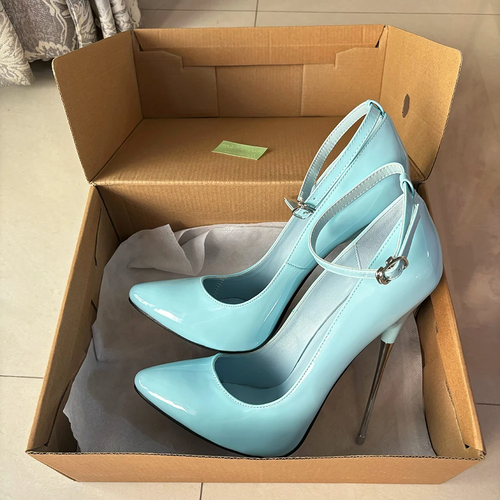 16cm Extreme Metal High Heels Stilettos Shiny Silver Sexy Women Pumps Sky Blue Fetish Model Show Party Unisex Man Shoes Big Size