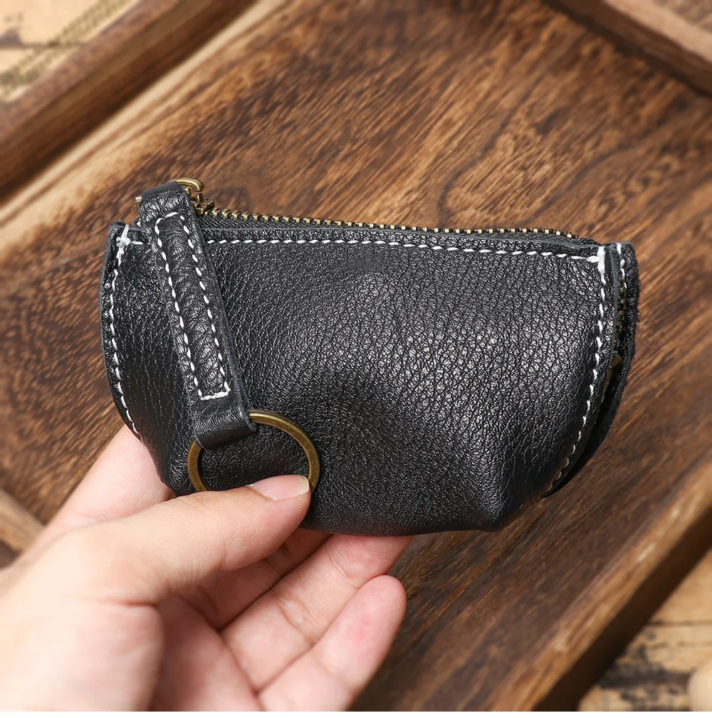 Genuine Soft Leather Mini Wallet Key Holder - Small Zipper Coin Purse Keychain Wristlet for Women and Men