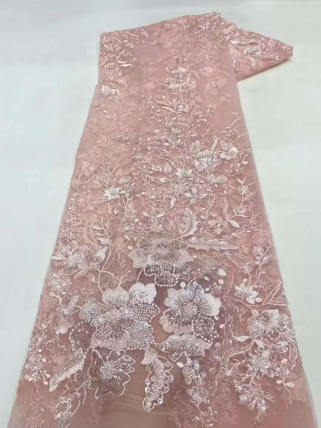 

5 Yards French Beaded Sequins Lace Fabric 2025 High Quality Mesh Tulle African Lace Fabric Nigerian Wedding Dress For Women