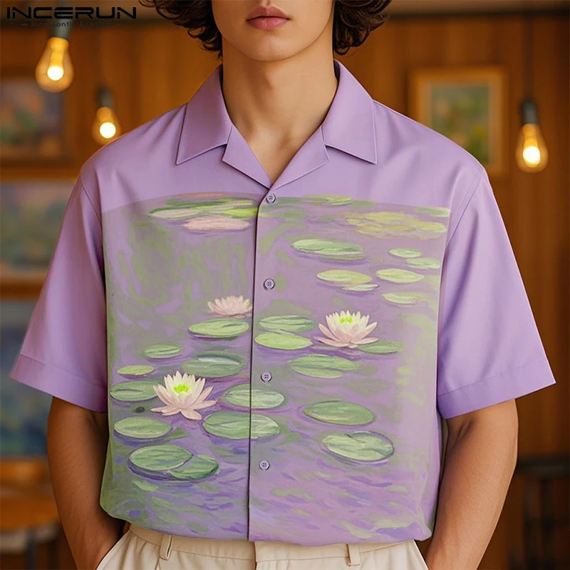 

INCERUN Men Shirt Printing Patchwork Lapel Short Sleeve Summer Men Clothing Streetwear 2025 Loose Fashion Casual Tops S-5XL