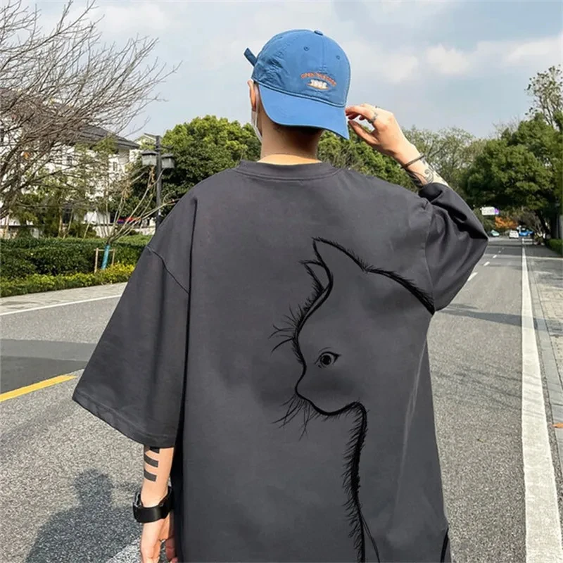 Summer Oversized T-shirt Men Cartoon Cat Print Tees High Street Unisex Top T Shirts Loose Cotton Harajuku Daily Clothing 5xl