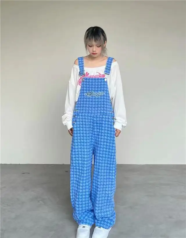 High Street Pink Plaid tute donna coreano sciolto un pezzo abiti donna autunno gamba larga pantaloni tuta 2023 nuovo Vintage