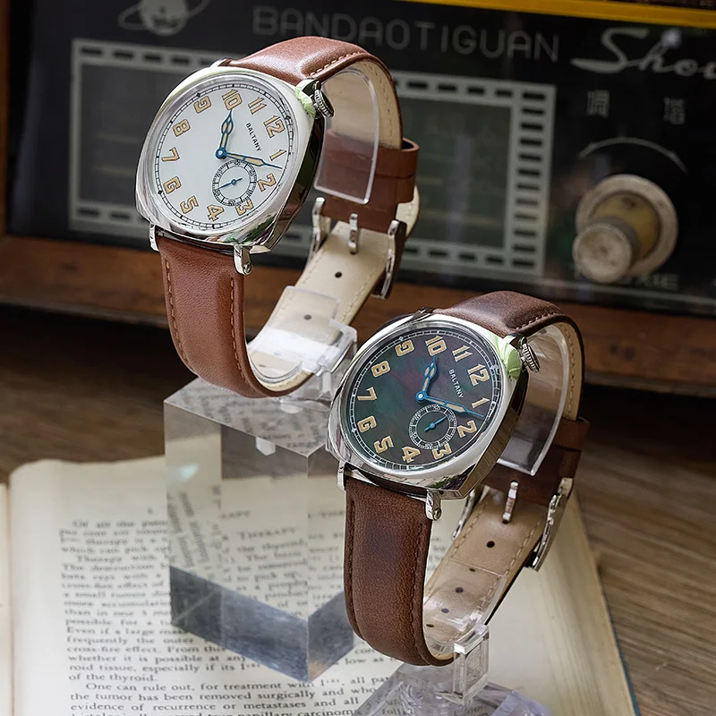 Baltany S4071 Retro Pillow Shape Men Watch Automatic Mechanical Pearl Face Blue Hands Elegant Dress Watches For Daily Office Sui