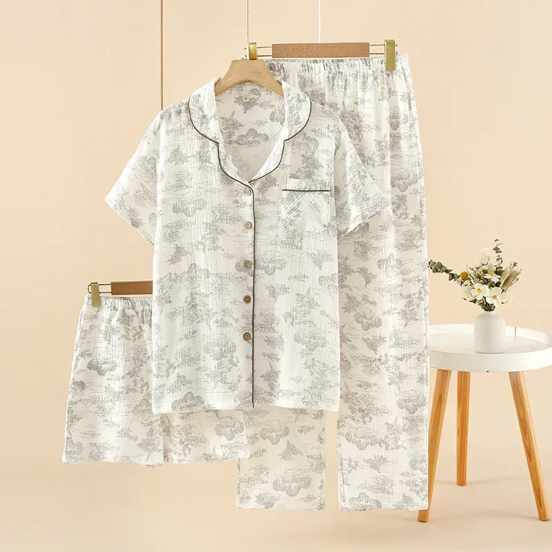 Summer Women Pajamas 3 Pieces Set 100% Gauze Cotton Female Sleepwear Bedroom Set Short sleeved long pants + shorts Woman PJs