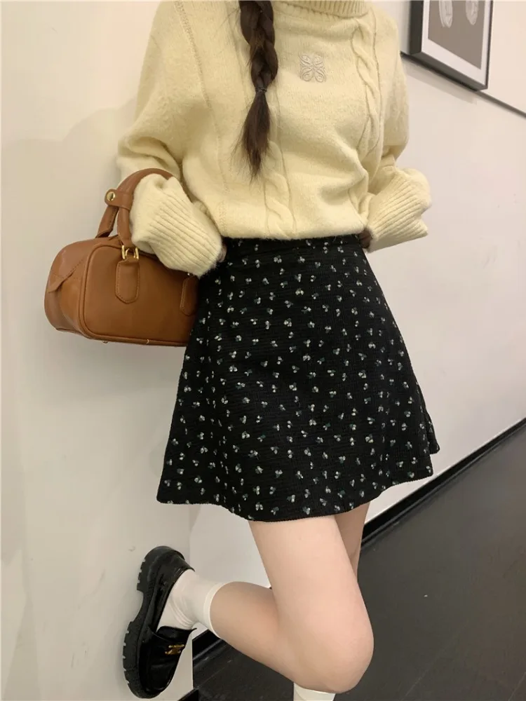 가을 겨울 새로운 꽃 a 라인 미니 스커트 여름 하프 스커트 몸집이 작은 하이 웨이스트 블랙 여성 의류 짧은 드레스 