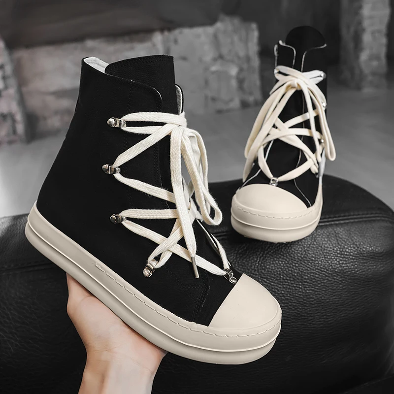 Brand Men Shoe Casual High Top Women Sneaker Quality Black Ankle Boot Designer Leather Zipper Metal Hole Luxury Laces Flat Shoe