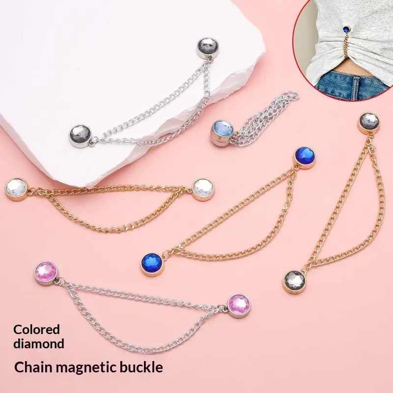 Rhinestone Waist Tightening Clips 2 Pcs Magnetic Adjustable Chain Waist Cincher for Loose Jeans Skirt Casual Outfits