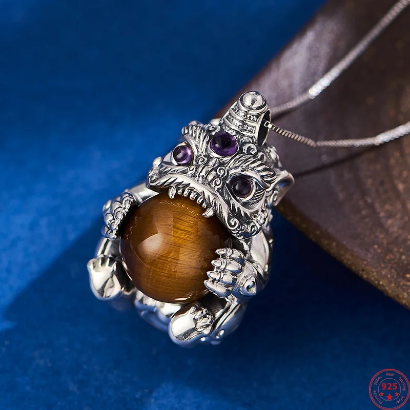 

Подвески из стерлингового серебра 925 пробы для женщин и мужчин, ретро китайский пробужденный лев, инкрустированный тигровый глаз, амулет, очаровательные ювелирные изделия, оптовая продажа