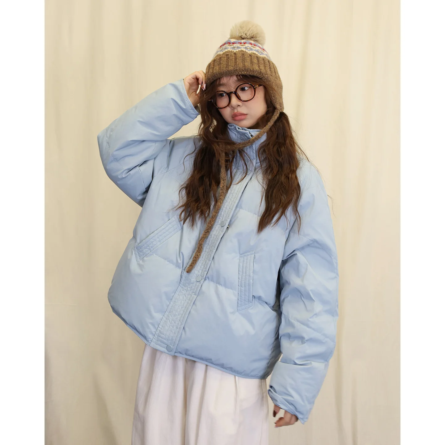 

Японская женская теплая куртка-пуховик с воротником-стойкой, светло-голубая, с вышивкой, на молнии, маленького размера, с длинными рукавами