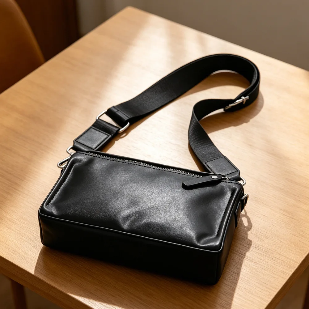 Fashion Mens Messenger Bag PU Leather Crossbody Bag for Men Solid Black
