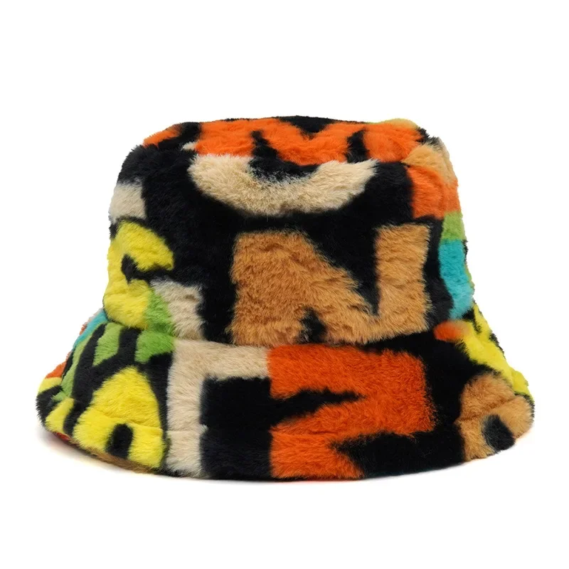 2024New Winter Eimer-Hüte Flauschigen Fell Männer Frauen Panama Hut Mode Warme Fischer Kappe Brief Regenbogen Hahnentritt Leopard gedruckt – Detail 5