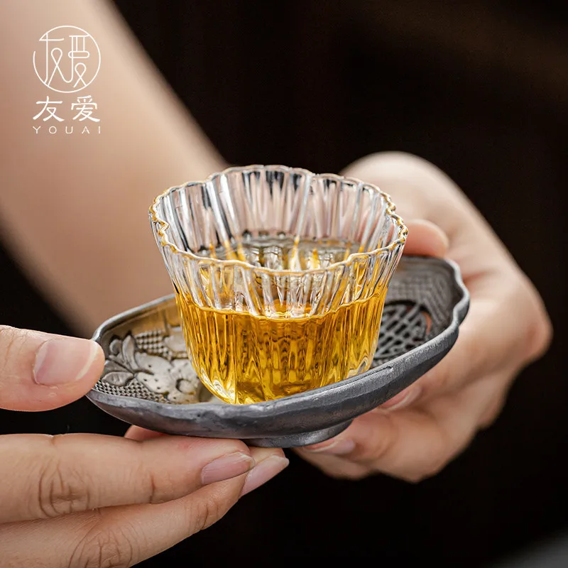 1PC Japanese Pure Tin Cup Mat Retro Cup Holder Non-Slip Cup Holder Made of Old Tin Cup Mat Tea Ceremony