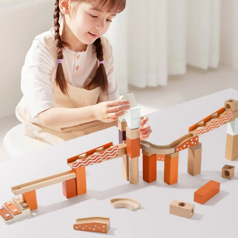 Montessori Board Games Diy Puzzle Assembly Ball Solid Wood Toy Marble Track Building Blocks Set Children's Toys Sensory Toy Gift