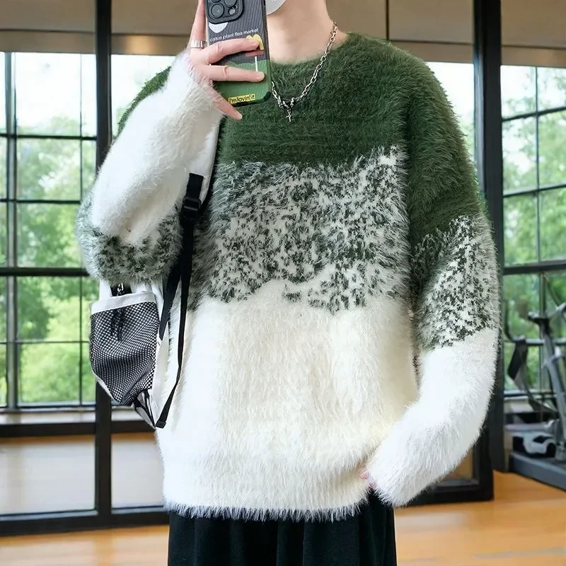 

Autumn Winter Gradient Color New Hong Kong Style Round Neck Sweater Men's Knitted Warm Pullovers