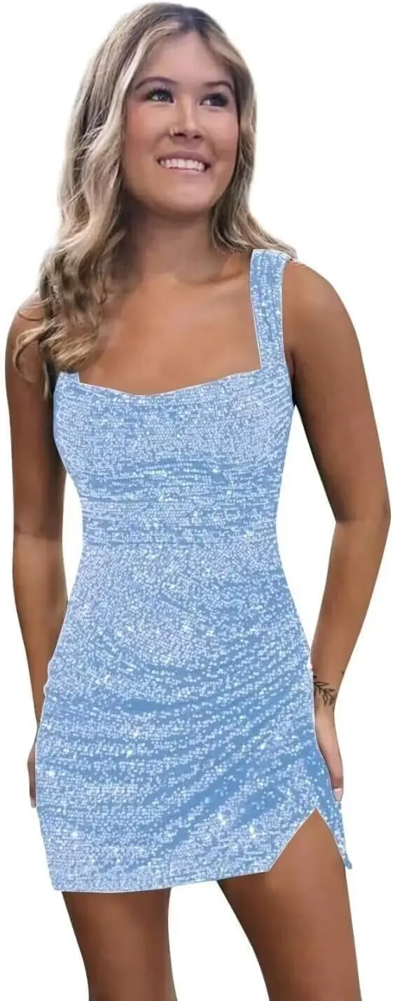 

Short Sequin Homecoming Dresses for Teens Square Neck Sparkly Tight MIni Cocktail Party Gown with Slit Sheath Sexy Prom Dress