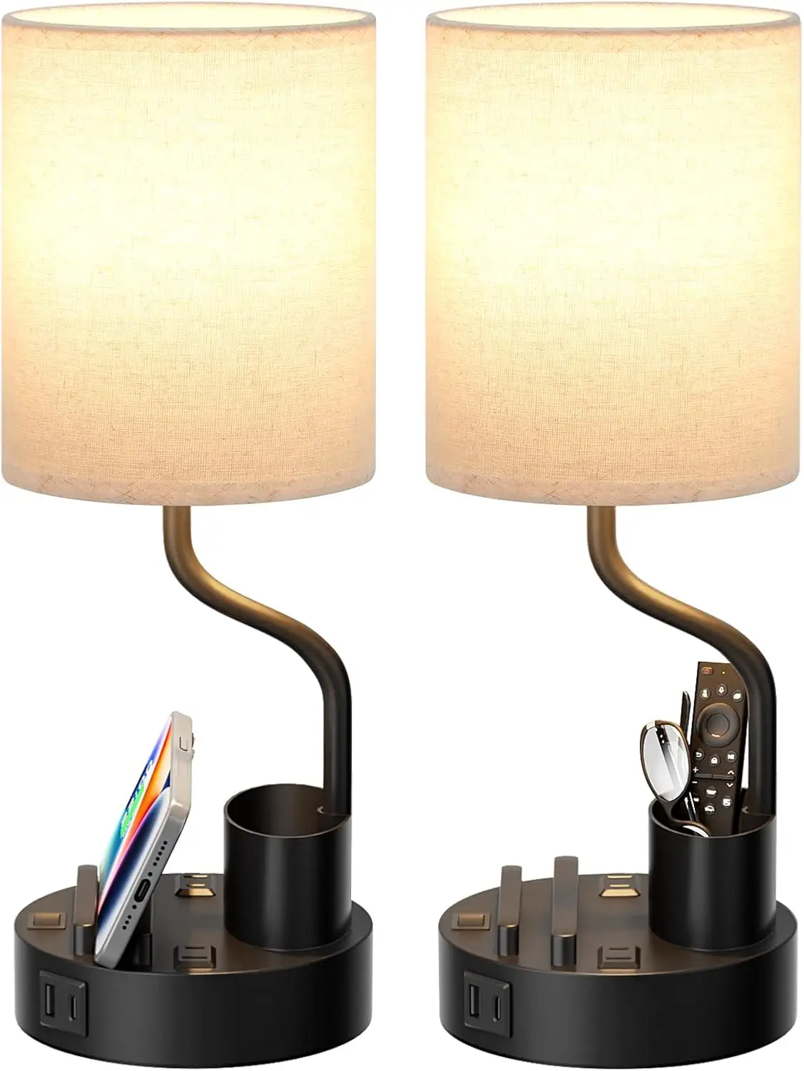 

Set of 2 Nightstand Lamps with AC Outlet, USB Ports, Phone Stand & Pen Holder - Adjustable Light for Bedroom/Office