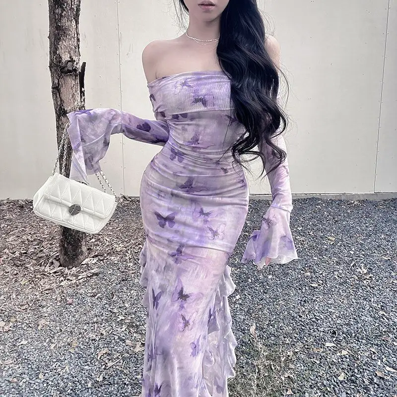 Robes à manches longues pour femmes, robe de soirée de mariage, printemps, rubans en Satin appliqués, volants, taille basse, Style français plissé